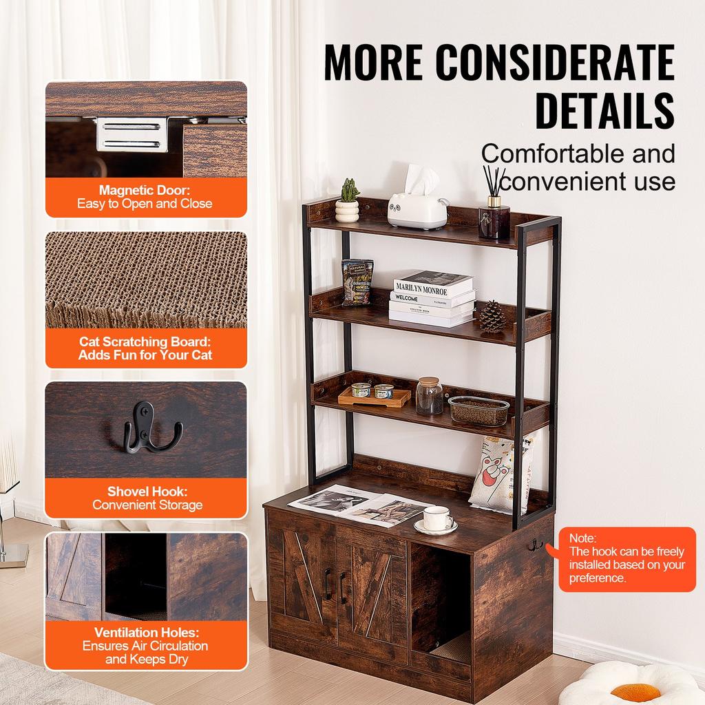 VEVOR Cat Litter Box Enclosure, Hidden Litter Box Furniture with 3 Storage Shelves, Wooden Cat Washroom Indoor