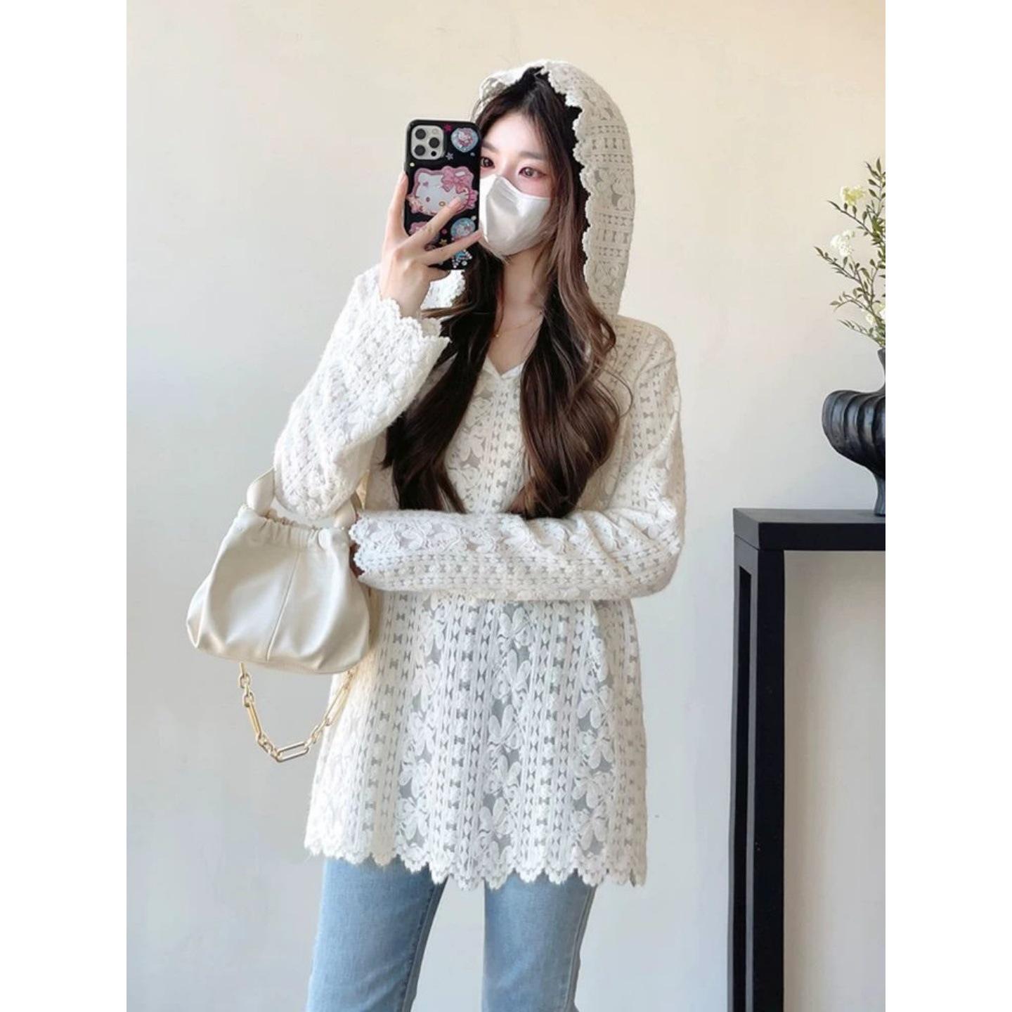 

Elegant Plus Size Lace Patchwork Hooded Shirt - Slimming Long Sleeve Base Layer 2XL (suggested 190-240 jin) слонова кістка