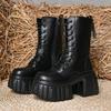 Chunky Heeled Platform Combat Boots for Women Gothic Punk Style Black Motorcycle Boots Woman Autumn Winter Mid Calf Botas Mujer