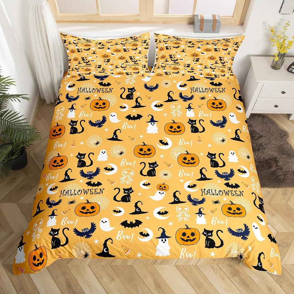Comforter Happy Halloween Ghost Full Bedding Set For Boys Girl Spider Bat Black Cat Print Comforter Trick Or Treat Theme