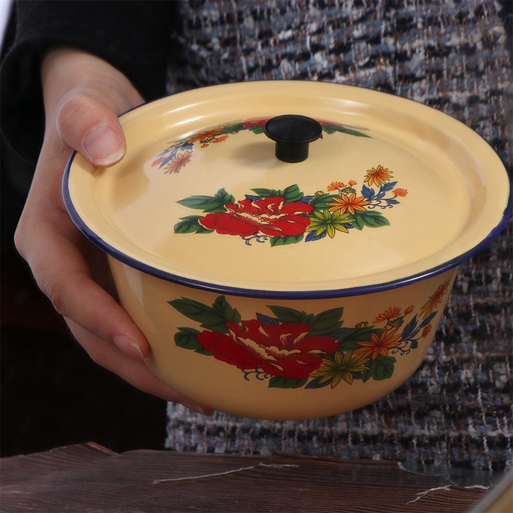 Vintage Enamelware Basin with Lid Soup Salad Serving Pot Household Enamel Bowls  Popcorn