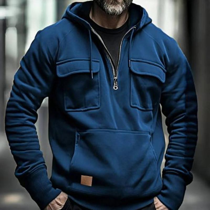 Autumn Winter Hoodies Men Half-zip Patchwork Warm Sweatshirts Multi Pockets Male Casual Pullover Outdoor Hoodie
