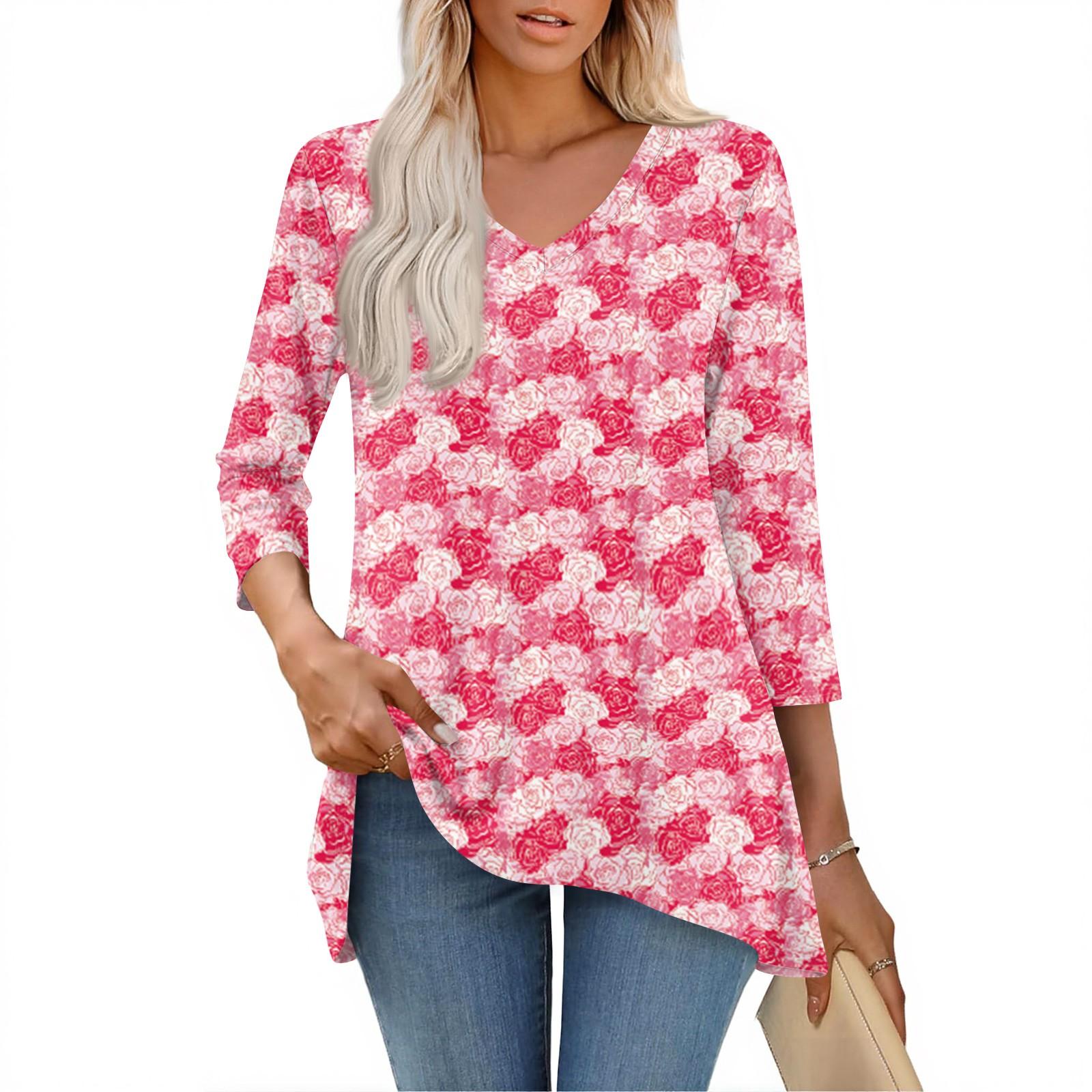 

Womens Tops V-neck 3/4 Sleeve Blouses Casual Mid-length Shirts Fashion Print Tunic Tops M червоний