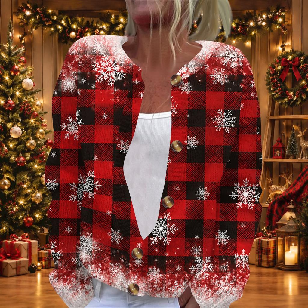 Women's Christmas Print Long Sleeve Knit Cardigan Sweater Button Front for Fall Winter
