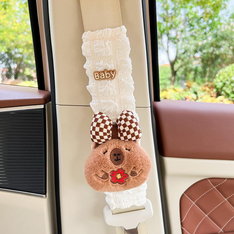 New Cute Cartoon Capybara Car Seat Belt Cover Four Season Universal Puff Material Auto Safety Shoulder Pad Car Decoration