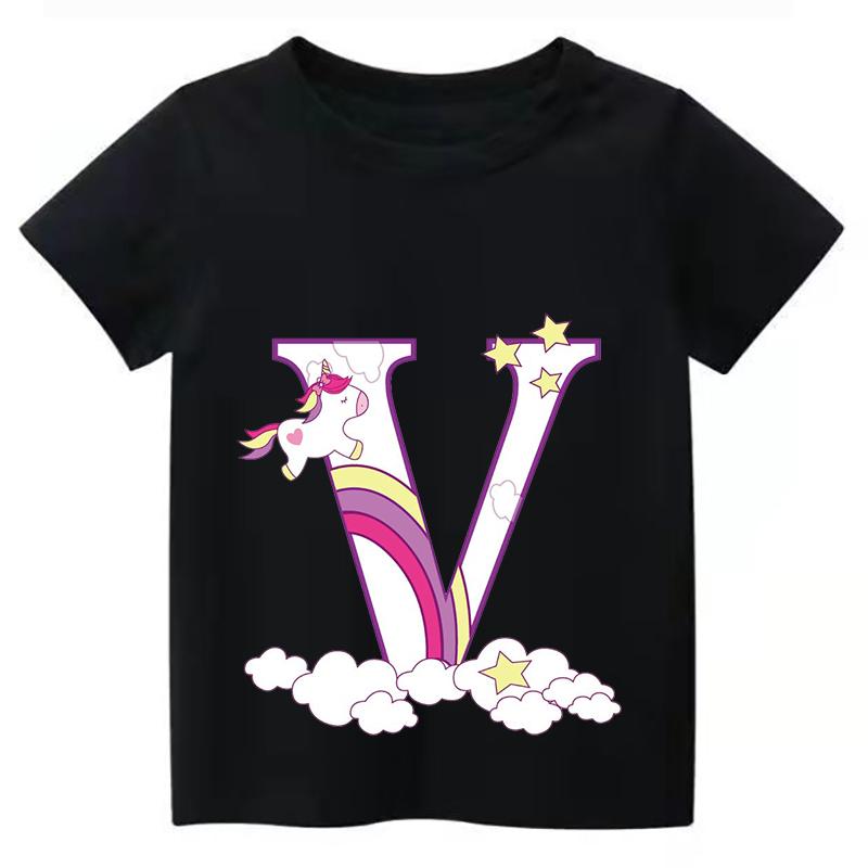 

New Summe Unicorn A B C D Children T-shirt Kawaii Trend T Shirt Harajuku Letter Casual Clothes Kids Girl Boy Short Sleeve Tops 110