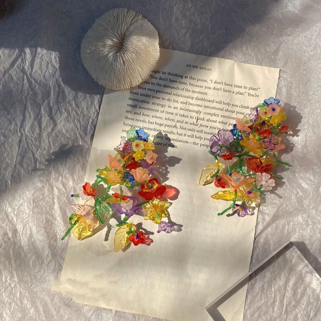 Personalized Design Sense Color Flower Hand-Woven Stud Earrings Women'S Spring And Summer Beaded Flower Leaf Earrings Long Earrings