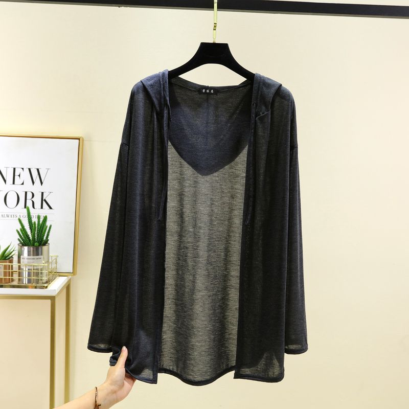 

Thin Hooded Sun-Proof Top Women s Summer Mid Length Long Length Pure Color Inverness Loose Plus Size Outer Long-Sleeves Air Conditioning Shirt Dark gray 2XL (67.50 kg-80.00 kg recommended
