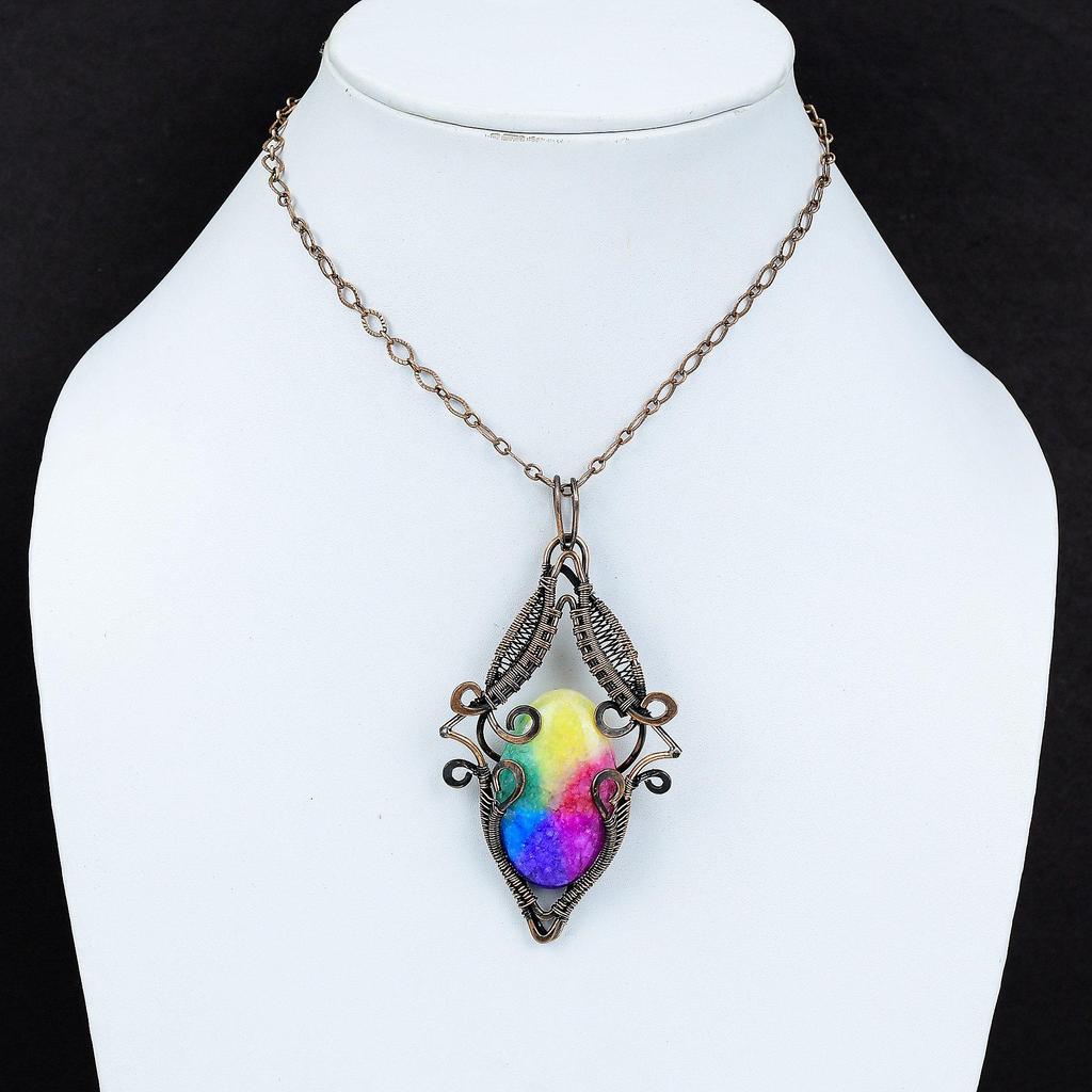 Rainbow Solar Quartz Druzy Pendant Copper Wire Wrapped Pendant Handmade Pendant Copper Jewelry Elegant Pendant Gift For Him Gemstone Jewelry