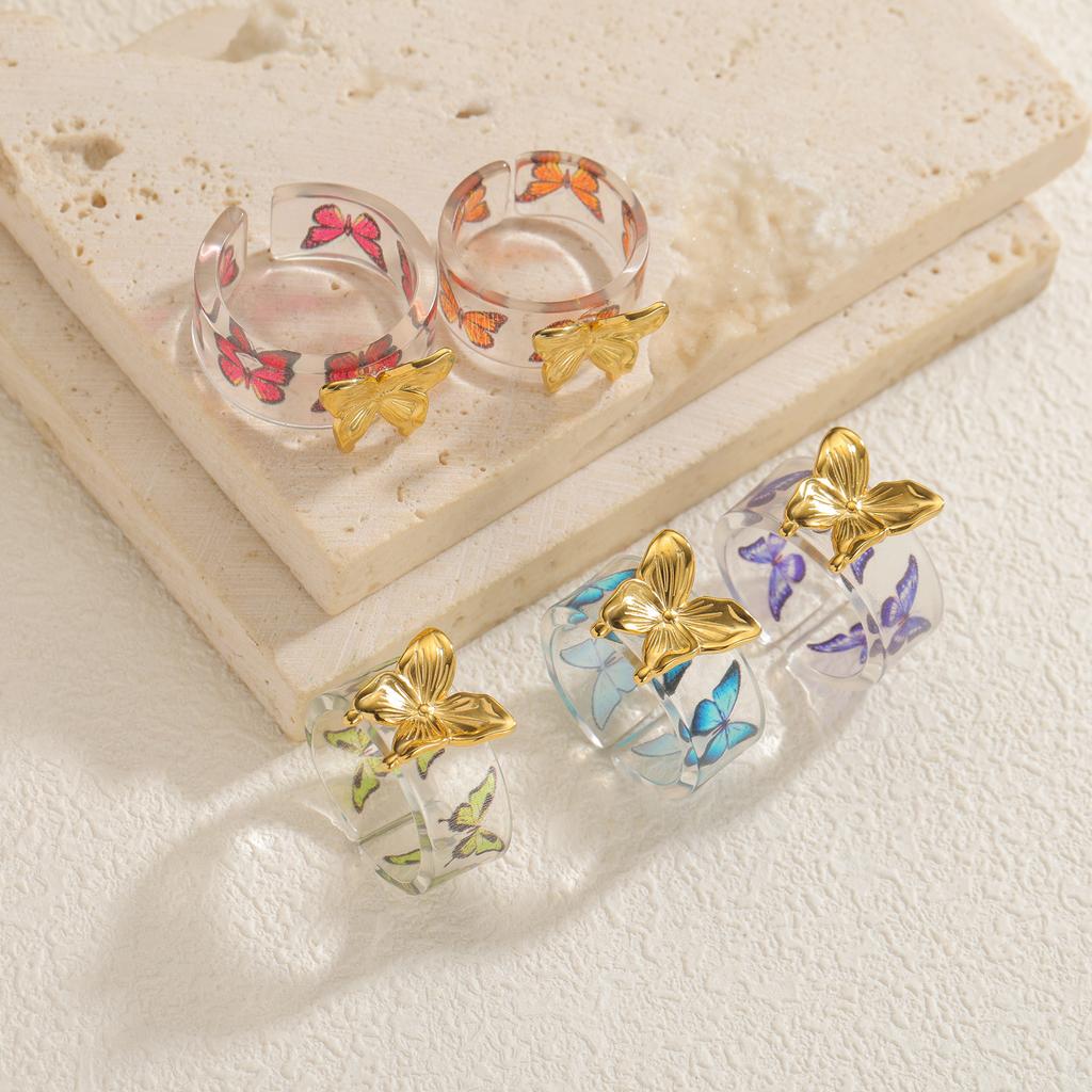 Stainless Steel Romantic Flower Butterfly Rings for Women  Coloful Adjustable Open Ring Daily Jewelry Gift Accessories