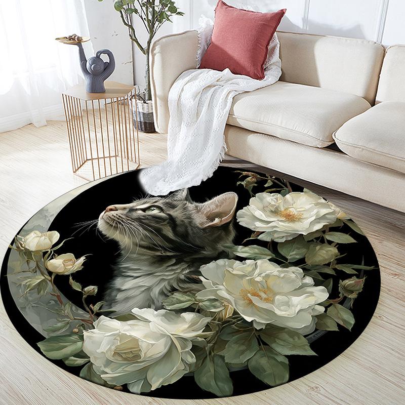 Floral Cat  Round Area Rug,Carpet Rug for Living Room Bedroom Sofa Playroom Decor,Non-slip Floor Mat