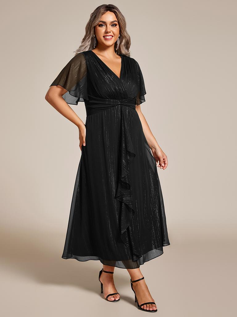 Ever-Pretty Women's Plus Size Shimmer Short Sleeve A-Line Midi Wedding Guest Dress with Ruffled Hem