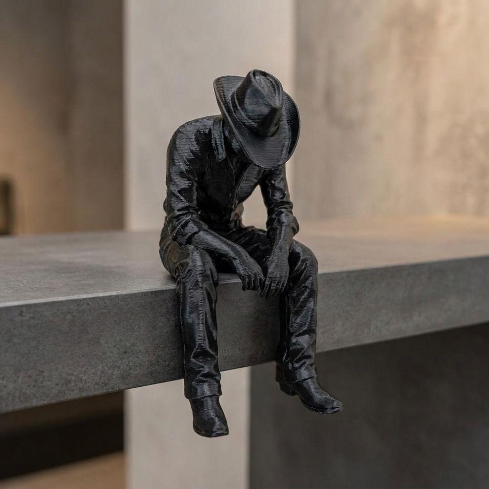 Pensive Hanging Head Cowboy Statue 3D Printed Melancholy Cowboy Figurine Men Bedroom