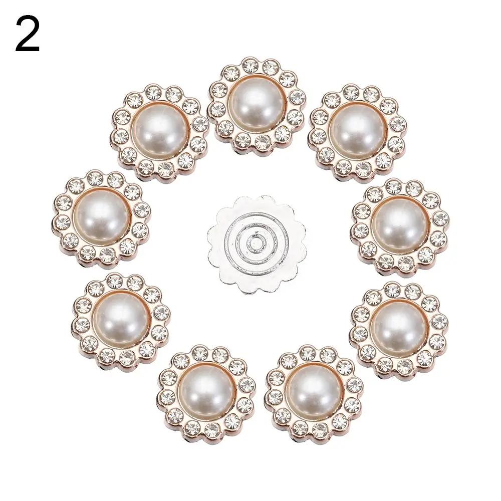 10PCS Pearl Flower Rhinestone Buttons Sparkling Crystal Hairpins Decorative Buttons for Clothes DIY Apparel Sewing Accessories