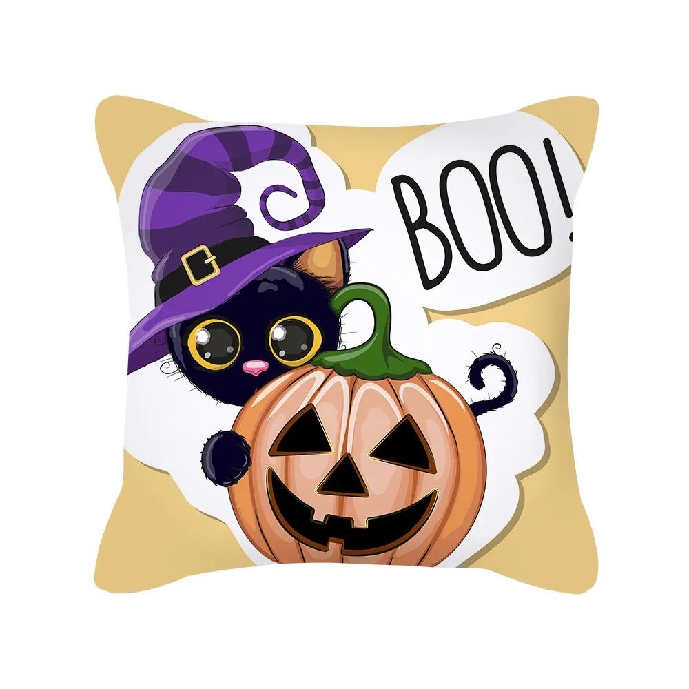Halloween Cartoon Black Cat Ghost Pumpkin Print Cushion Cover For Home Living Room Sofa Decoration Square Pillowcase