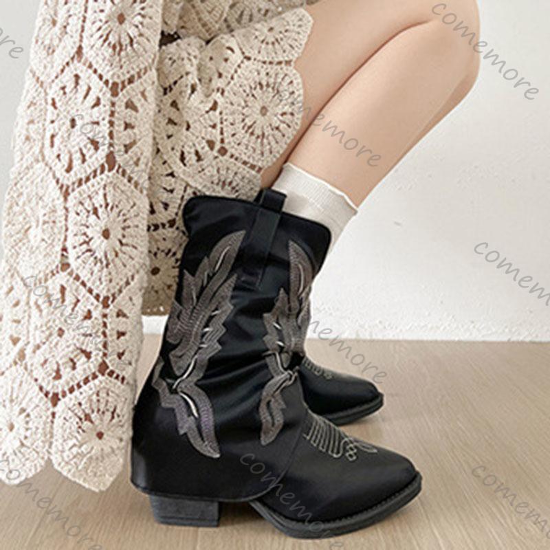 Fashion Comemore Vintage Autumn Thick High Heels Women Western Cowboy Mid-calf Boots Fashion Ladies Slip On Embroidery Short Booties