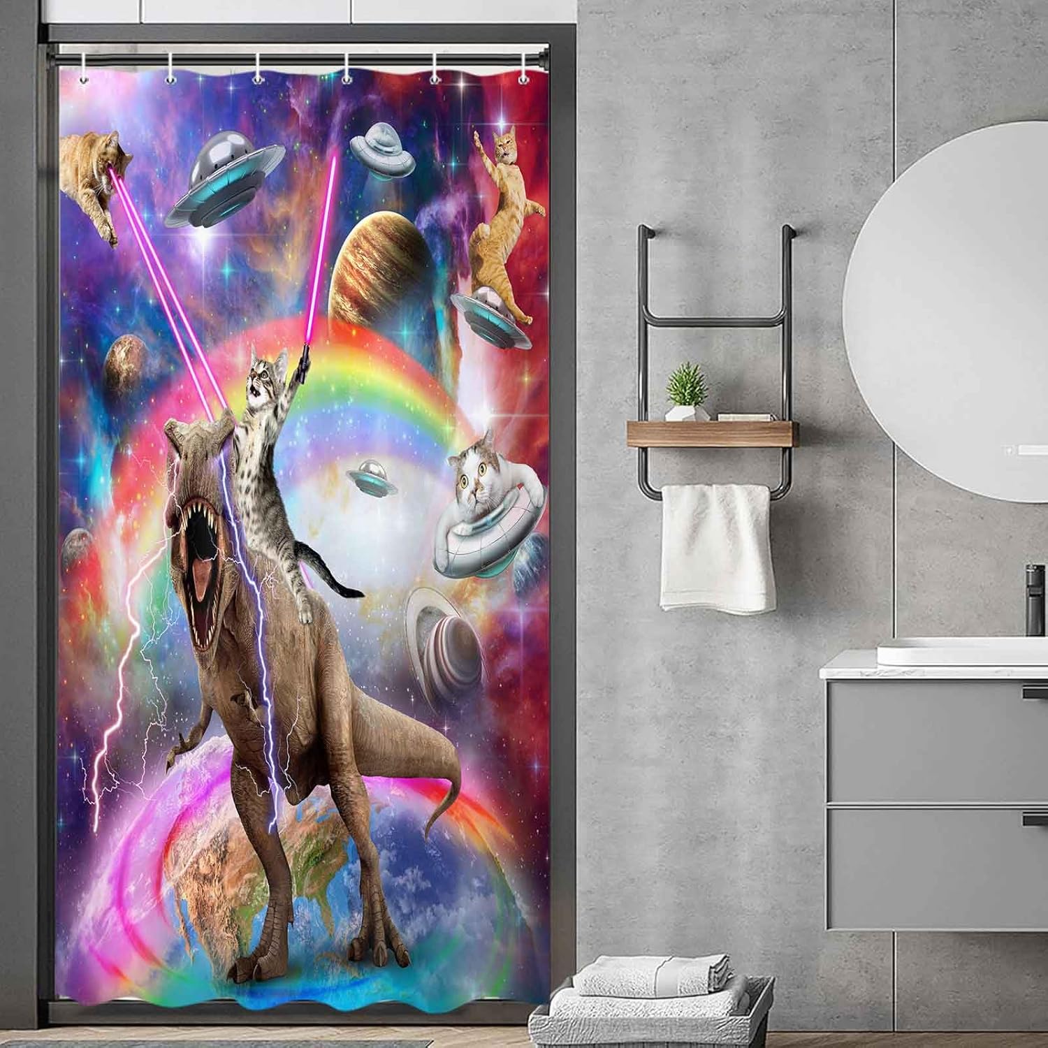 

Funny Bear Shower Curtain, Cool Cat Riding Bear on Rustic Cabin Forest Woodland, Funky Anime UFO Spaceship Animal Shower Curtain 90x180CM