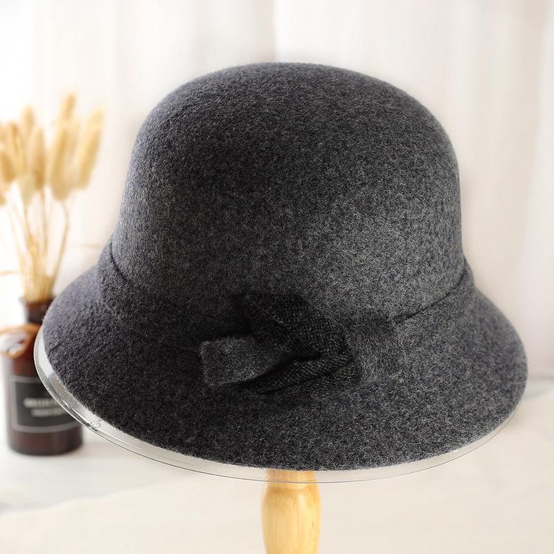 Nowy jesienno-zimowy kapelusz rybacki dla starszych kobiet, dekoracja z węzłem liściowym, damski brytyjski gruby ciepły wełniany kapelusz garnkowy