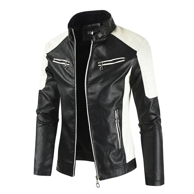 Leather Jacket Men's Stand Collar Color Block Slim Fit Zipper Cardigan Fashion Casual Leather Jacket