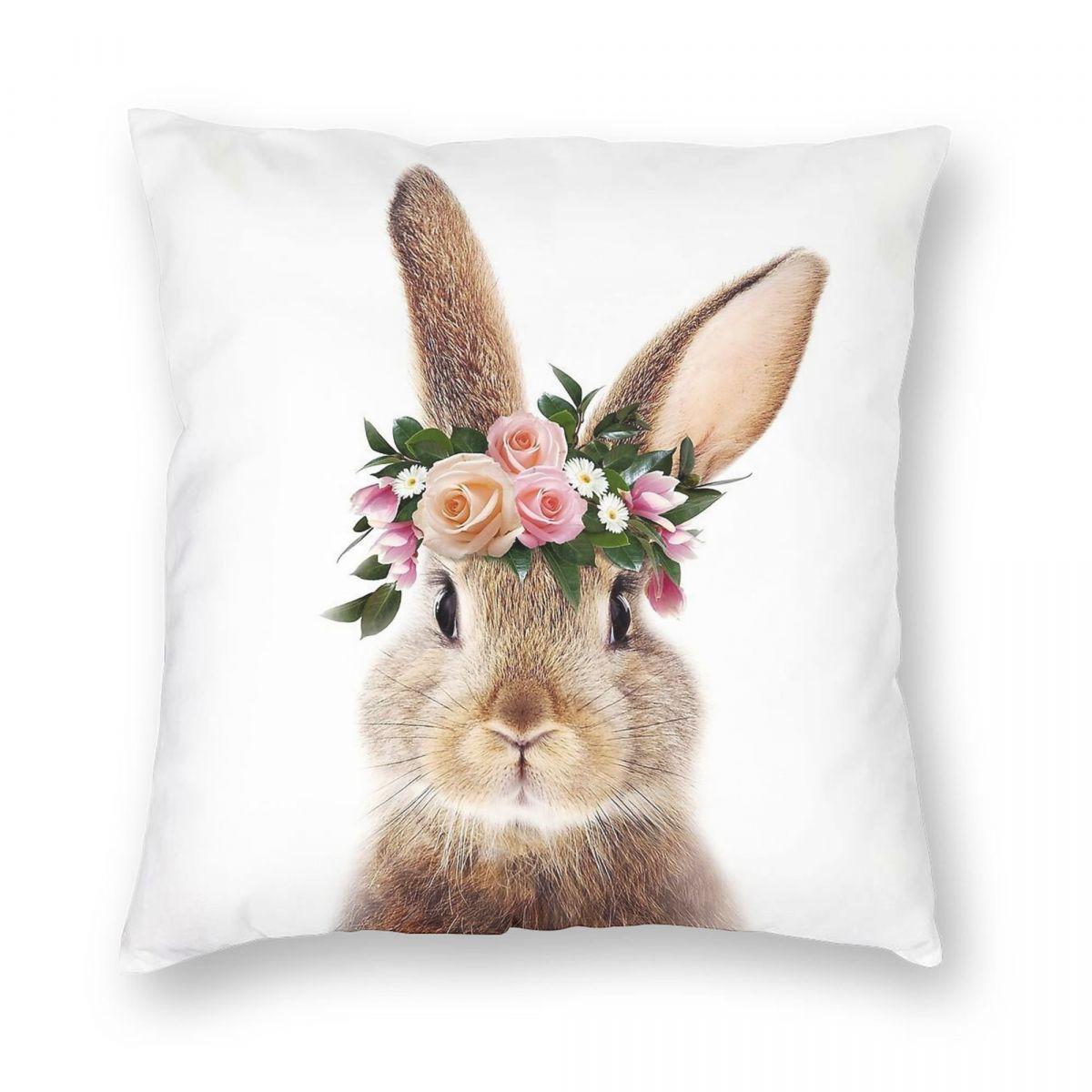 Baby Rabbit With Flower Crown Pillowcase Polyester Linen Velvet Pattern Zip Decor Car Cushion Case x 30x30cm