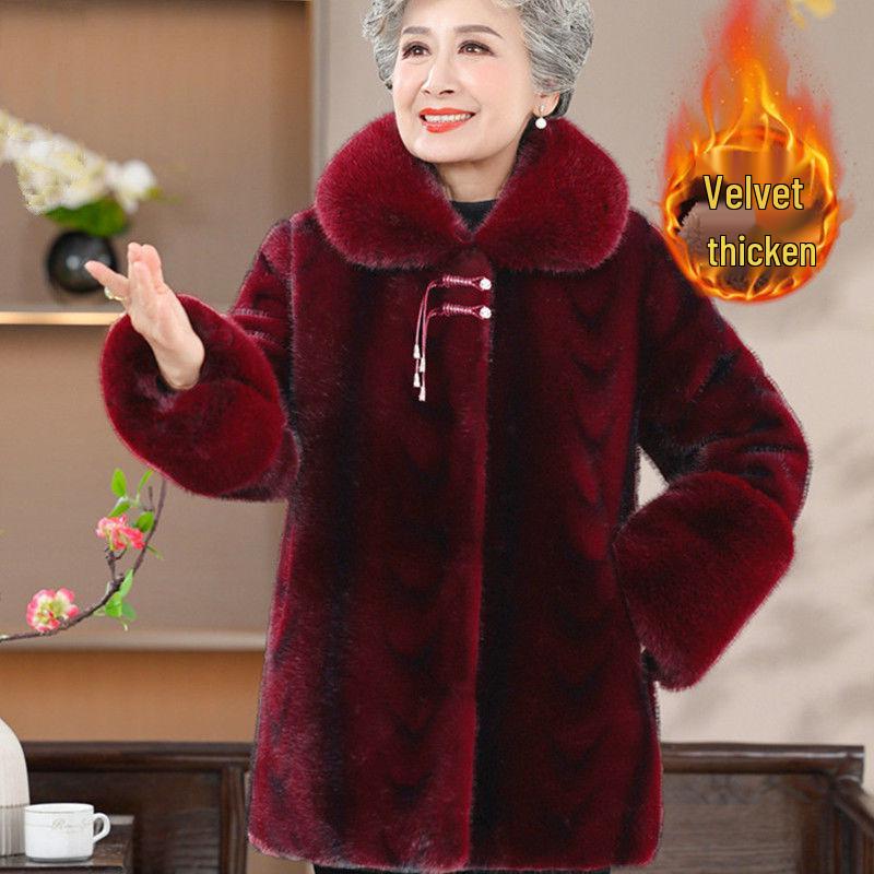 Cozy Retro Fleece-Lined Coat for Elderly Women - Fashionable Autumn/Winter Outerwear for Ages 60-70