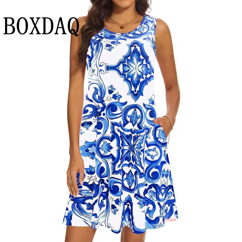 Fashion Elegant Floral Print Dress Casual A-Line Tank Women's Summer Retro Sleeveless Chic Dresses Travel Loose Beach Sundresses