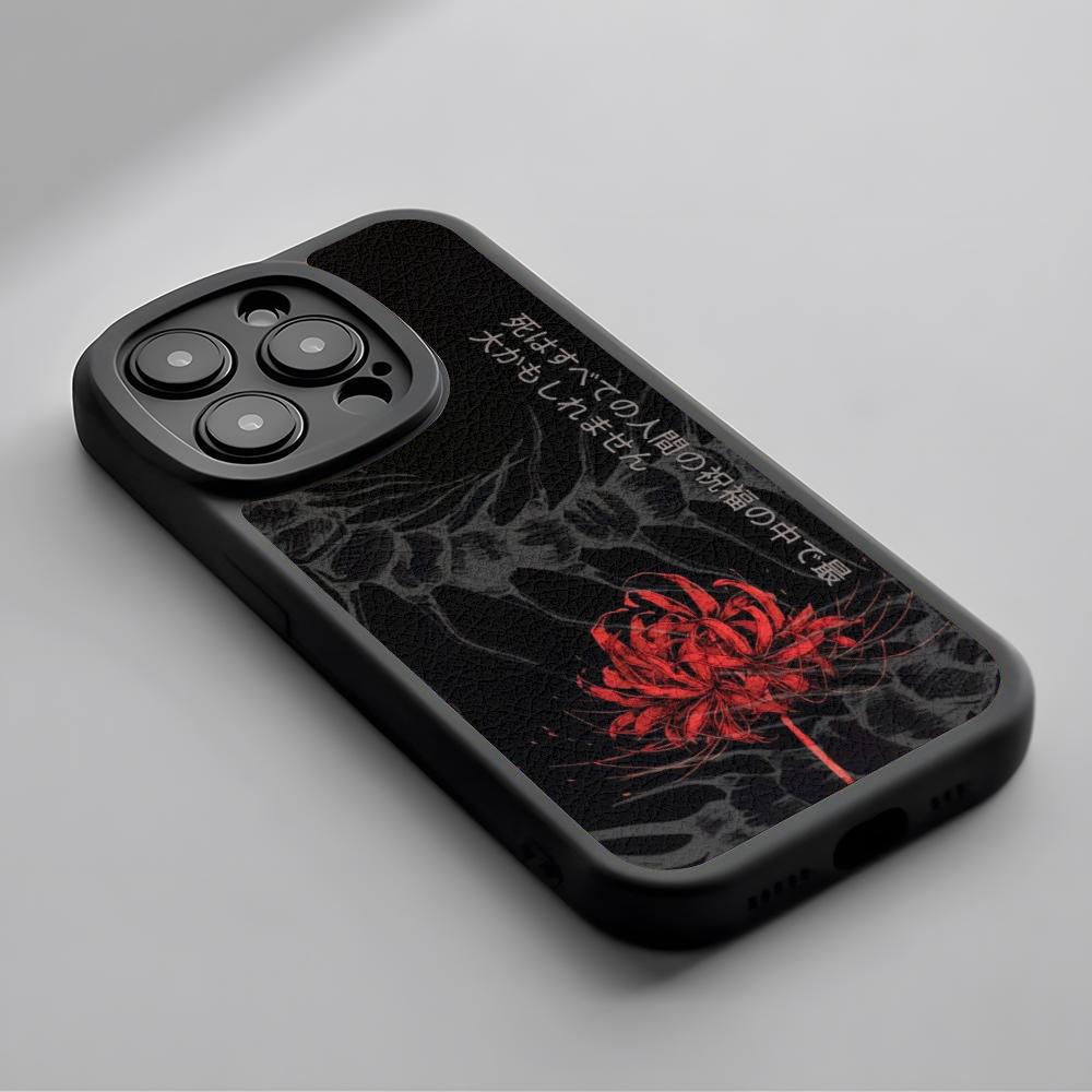 Red Spider Lily Japan Art Fashion Design Phone Case For iPhone 16 15 14 13 12 11 Plus Pro Max Lambskin Silicone Cover Black
