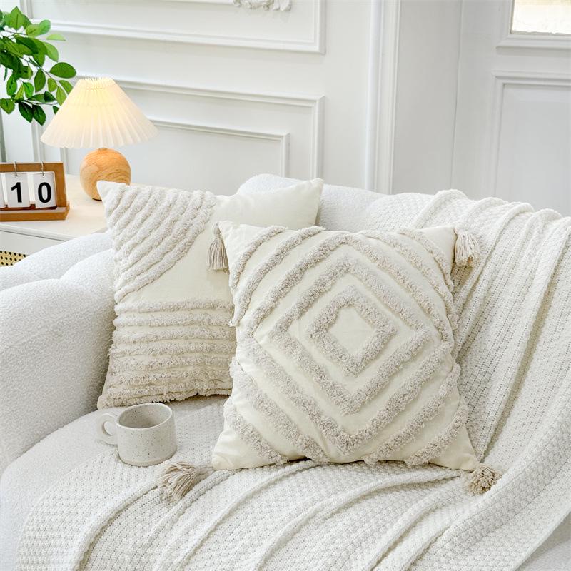 Bohemian Flocked Embossed Tassel Woven Lumbar Pillow Cover
