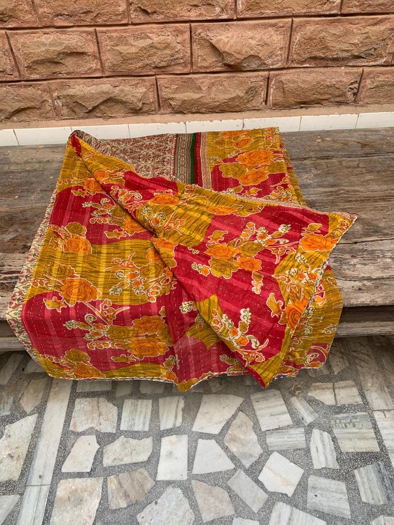 Indian Patchwork Kantha Blanket Handmade Quilt 100% Cotton Reversible Blanket Throw Bed Spread