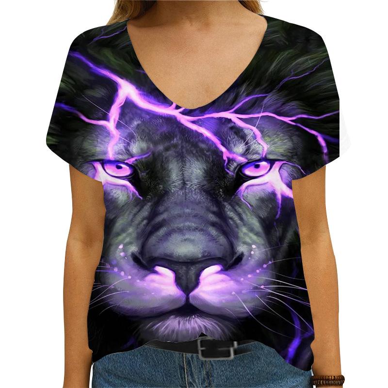 

Летний тренд с принтом льва 3d женская модная футболка с V-образным вырезом и коротким рукавом 5xl