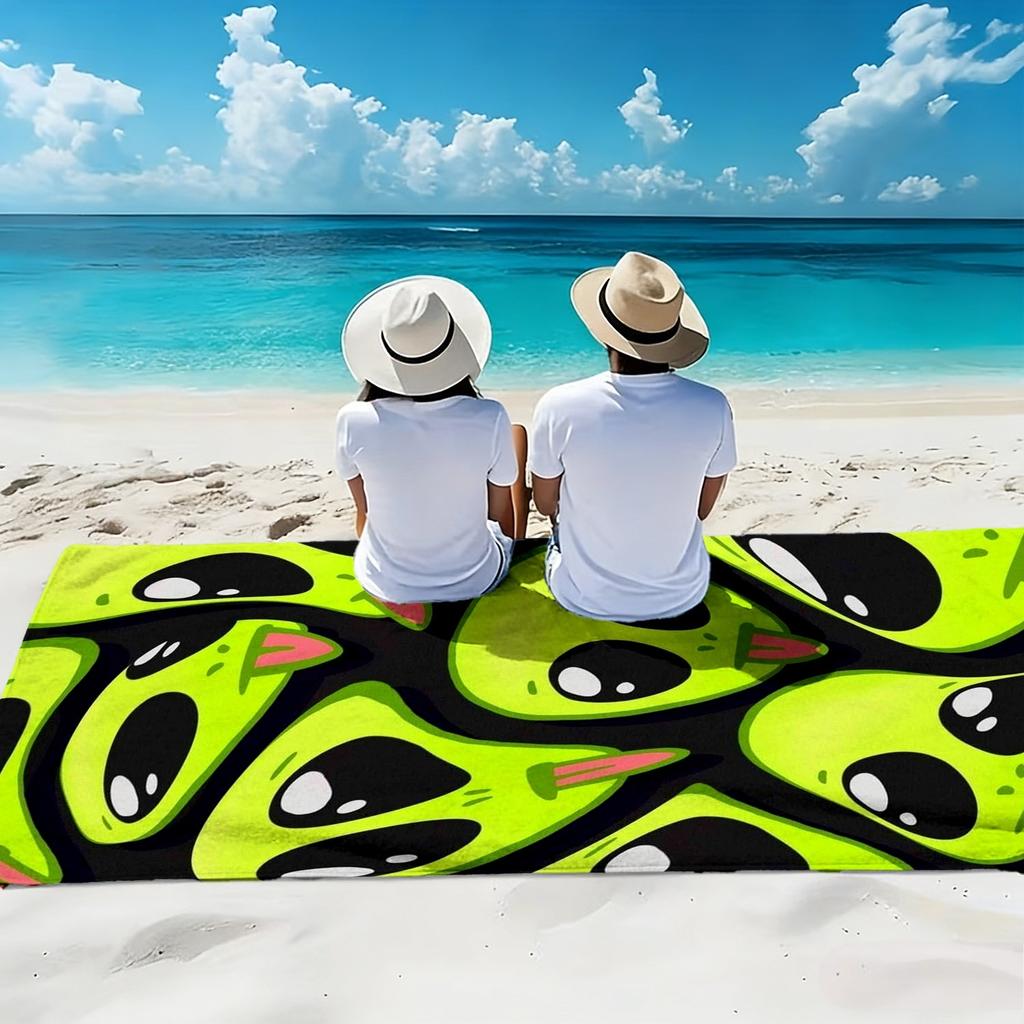 Lustiges Alien-Strandtuch, Cartoon-Grüner-Alien-Druck Übergröße Badetuch, Weiche Schnelltrocknende Sommerdecke 1 Stück