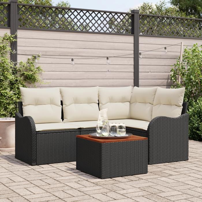 Set de Canapé de Jardin vidaXL 5 Pièces avec Coussins Rattan Poly Noir Acacia, Canapé de Jardin 2 Places vidaXL avec 3347446