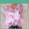 Stylish Women Casual Floral Printed Buttons T-shirt Ladies Chiffon Irregular Tops Blouse