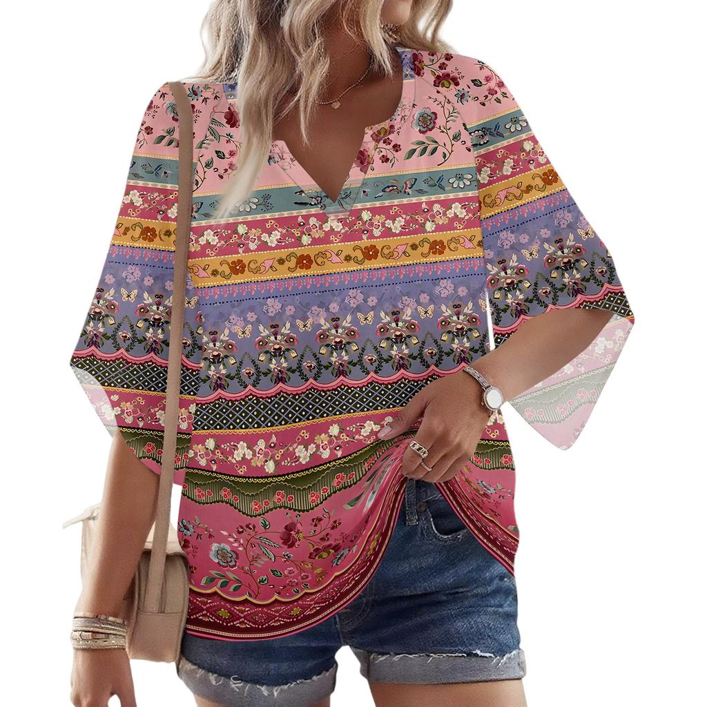Dámské 3/4 rukáv V květinové tričko Ležérní volný tunikový top