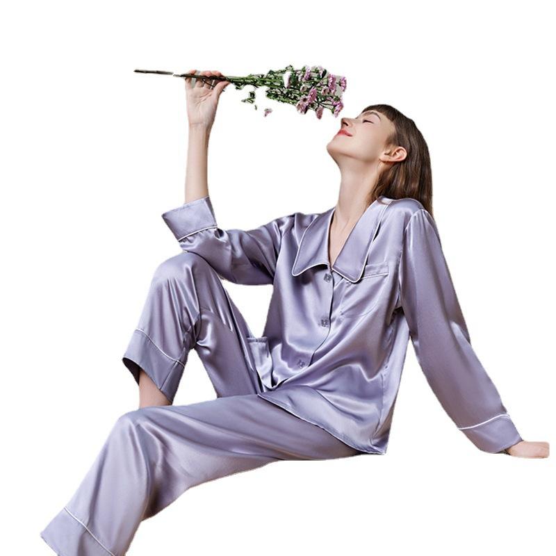 Wind Fashionable Simple Pajamas High-End Women'S Spring And Summer Simulation Silk Long-Sleeved Trousers Can Be Worn Outside The Suit