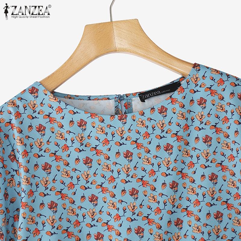 ZANZEA Bluză de damă casual cu gât rotund, cu șireturi, mânecă scurtă, largă, cu imprimeu