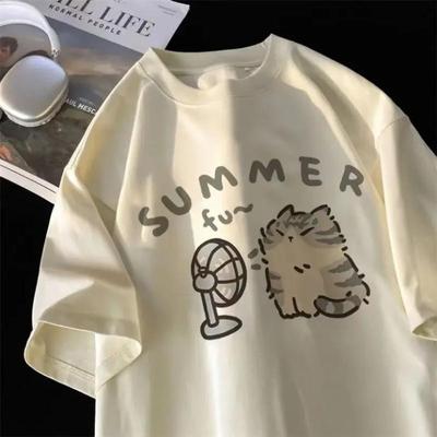 American Street Creative Blow Fan Cat Pure tričko pre mužov a ženy Letné uvoľnené pár s krátkym rukávom Oblečenie INS Top Sense of Design Streetwear