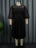 Plus Size Lace Lantern Sleeve Dress with Pleated Skirt - Christmas Gift