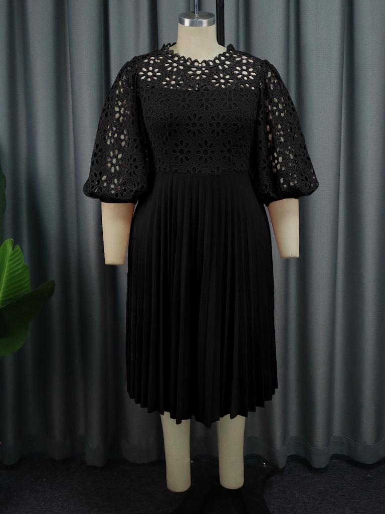 Plus Size Lace Lantern Sleeve Dress with Pleated Skirt - Christmas Gift