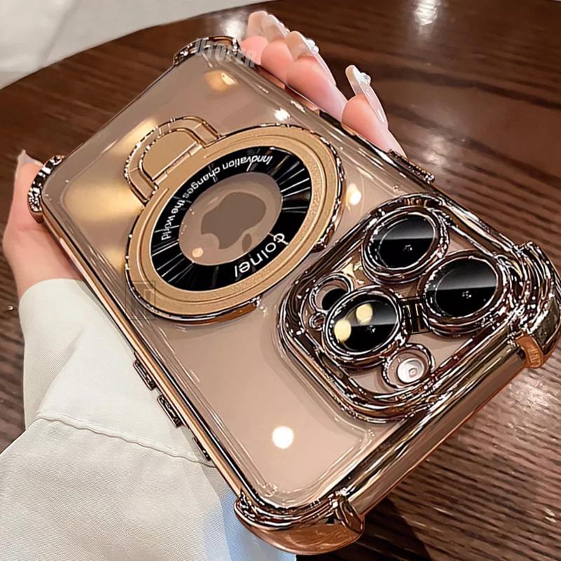 

New Plating Soft TPU Shockproof Clear Case For iPhone 16 15 14 13 11 12 Pro Max Plus Metal Ring Kickstand Magsafe Magnetic Cover For iPhone 13
