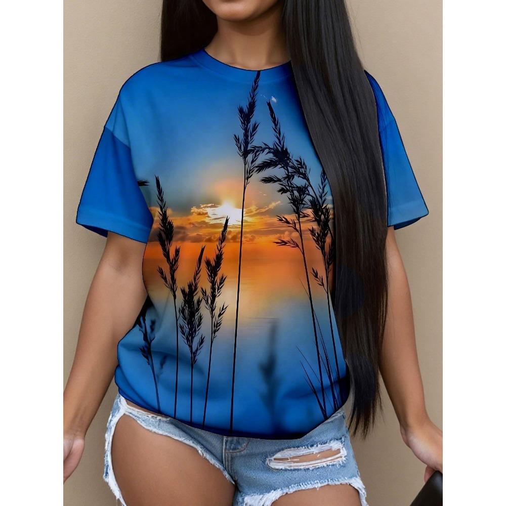 Summer New Women's Casual T-shirt Floral Print Fashion 3D Short Sleeved Round Neck Comfortable Plus Size T-shirt