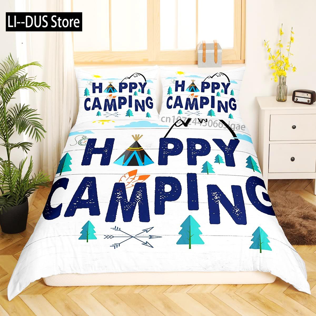

Rustic Farmhouse Style Bedding Set 3 Pieces, Happy Camping Duvet Cover for Boy Kid Teens Camper, Black Comforter Cover Full Size EU single(135x200cm)