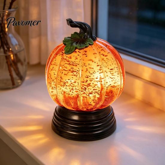 Autumn Home Decor Pumpkin Snow Sphere Lamp, Glitter Lighted Ornament, Fall Table Sparkling Resin Sculpture Centerpiece with Warm LED Lights