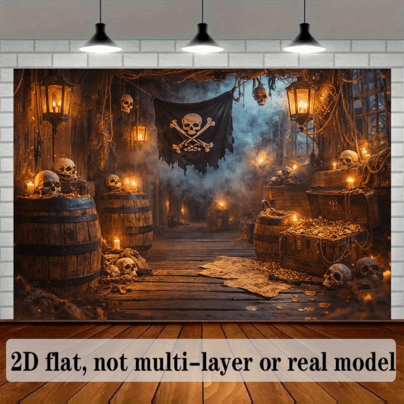 Washable 2D flat skull pirate-themed background fabric including skull flags barrel skulls treasure chests bones and oil
