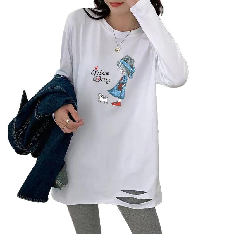 Damen Übergröße Baumwoll-T-Shirt mit Rissen und langen Ärmeln – Mittellang, Vielseitig, Weiß, Frühlings- und Herbststil