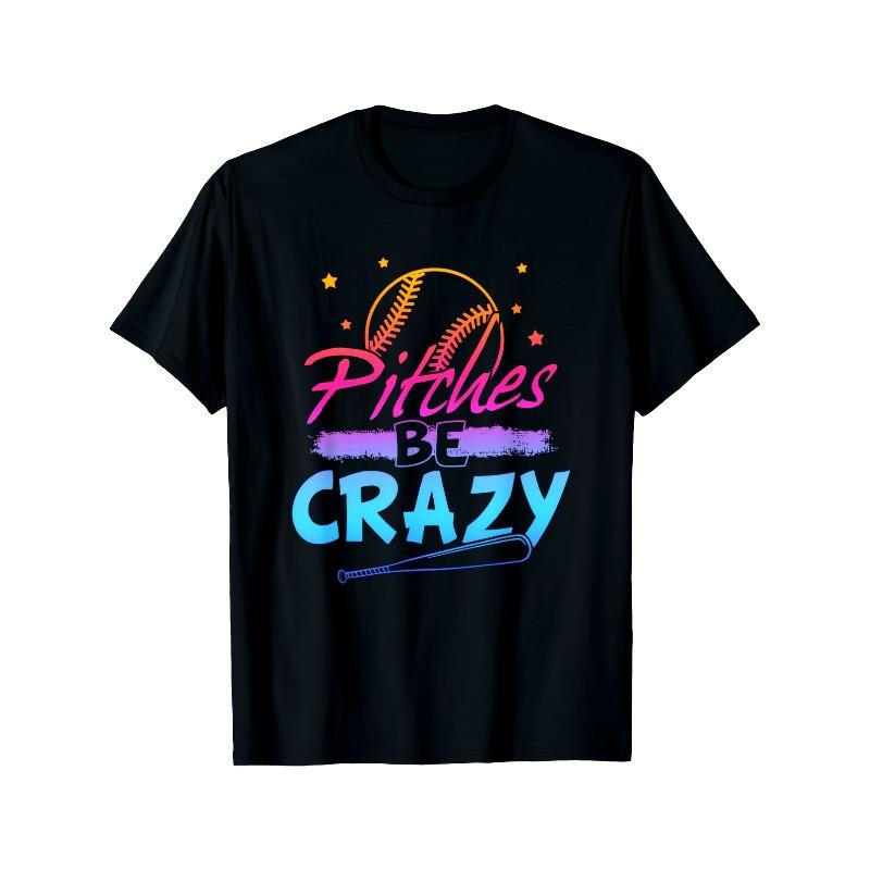 European sizes Boys T-Shirt - Funny Pitches Be Crazy Graphic Tee - Black Shirt with Purple & Pink Lettering - Softball Player Apparel - Casual Top 110 чёрный