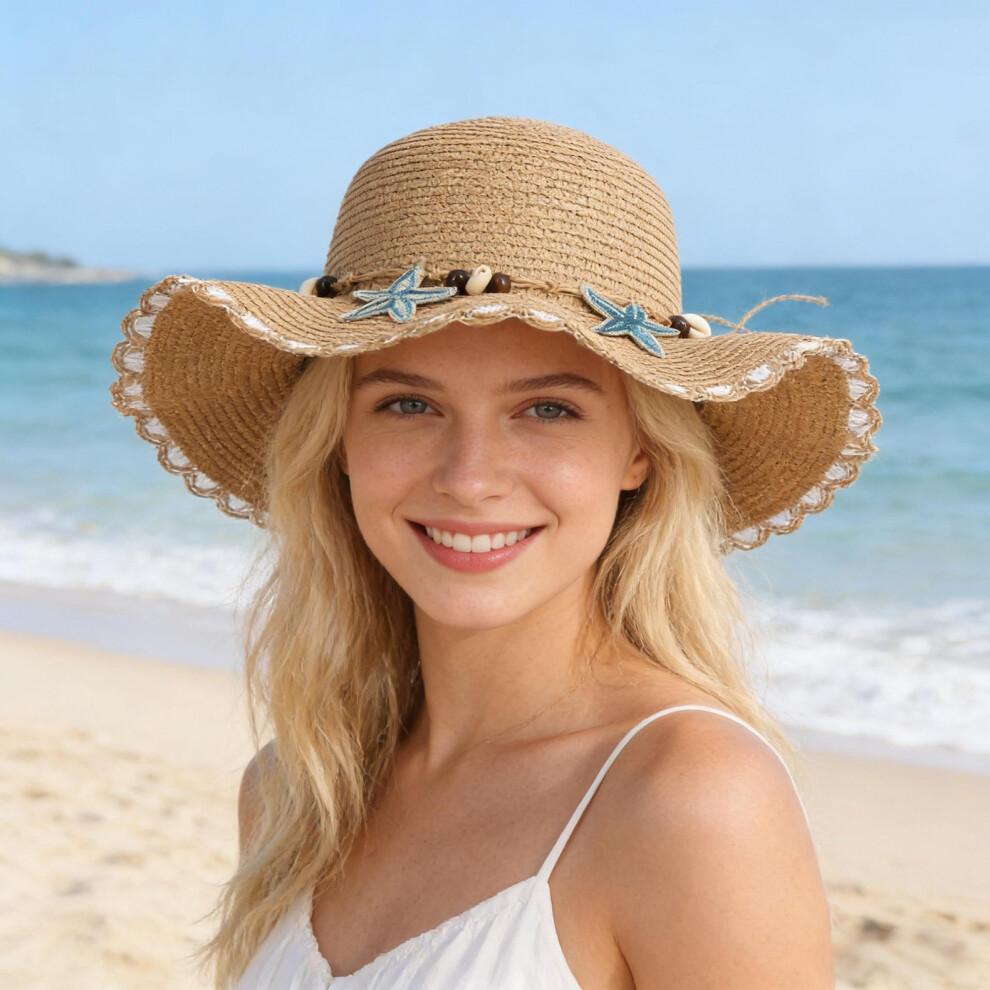 (One Size, Khaki) Women Straw Hat, Starfish Wide Brim Sun Hat Lightweight Summer Beach Cap for Casual Daily