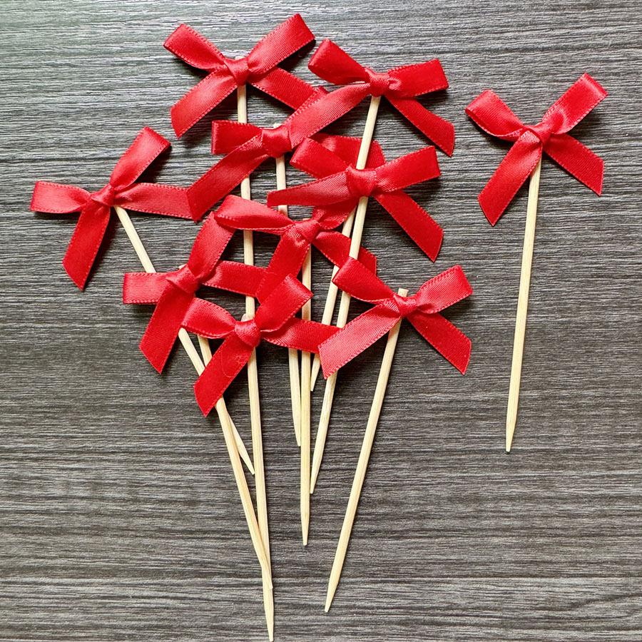 10Pcs Disposable Cake Topper Picks, Dessert Baking Decorations, Fabric Bow Picks for Party Desserts and Fruit