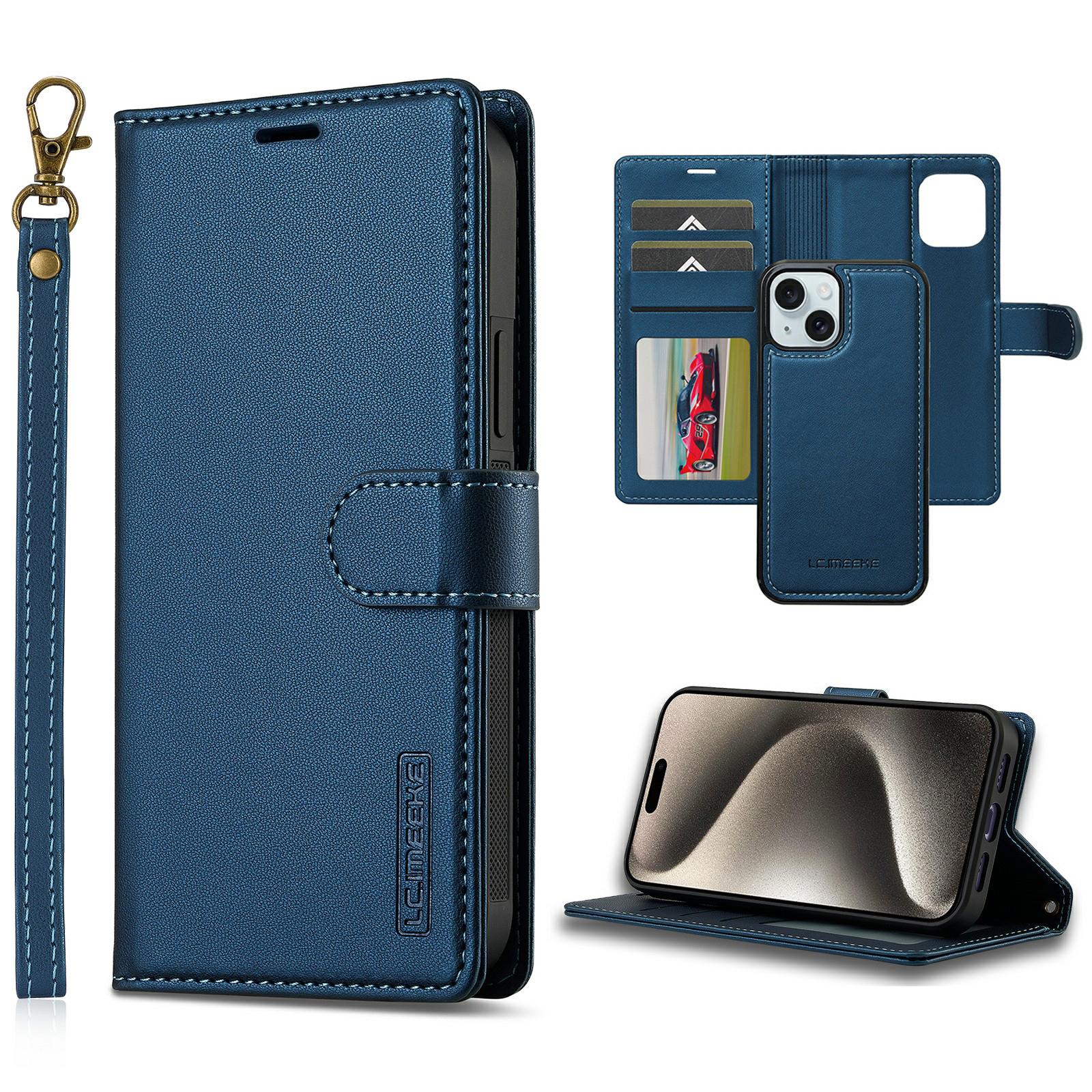 

LC.IMEEKE L2 Series for iPhone 15 Case PU Leather Wallet Detachable Magnetic Phone Cover Blue