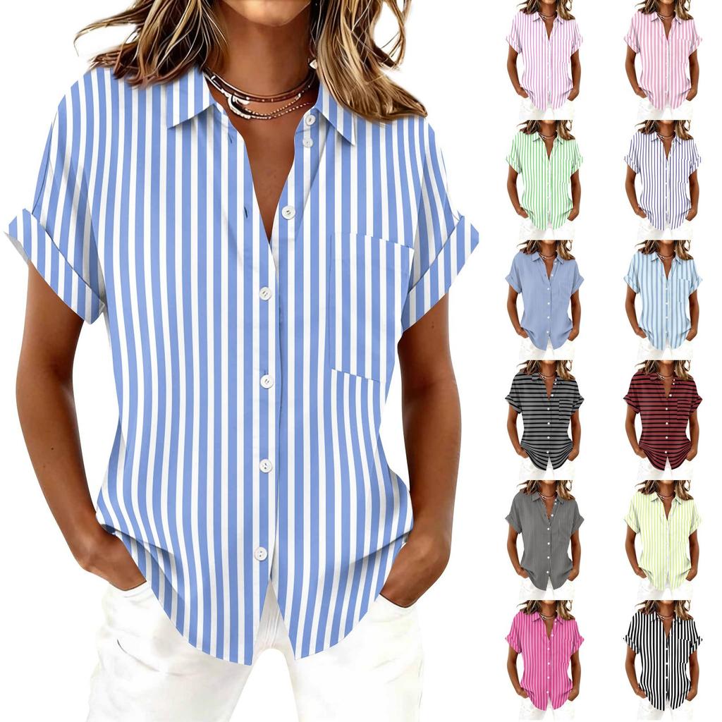 Women Short Sleeve Button Down Shirt Casual Loose Fit Vertical Stripe Printed Blouse with Pocket Lightweight Summer Top